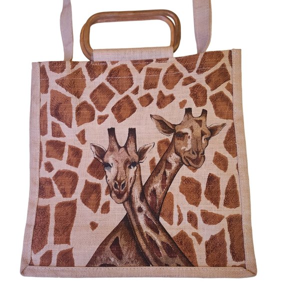 Giraffe Tote with wooden handle and strap - Picture 6 of 16